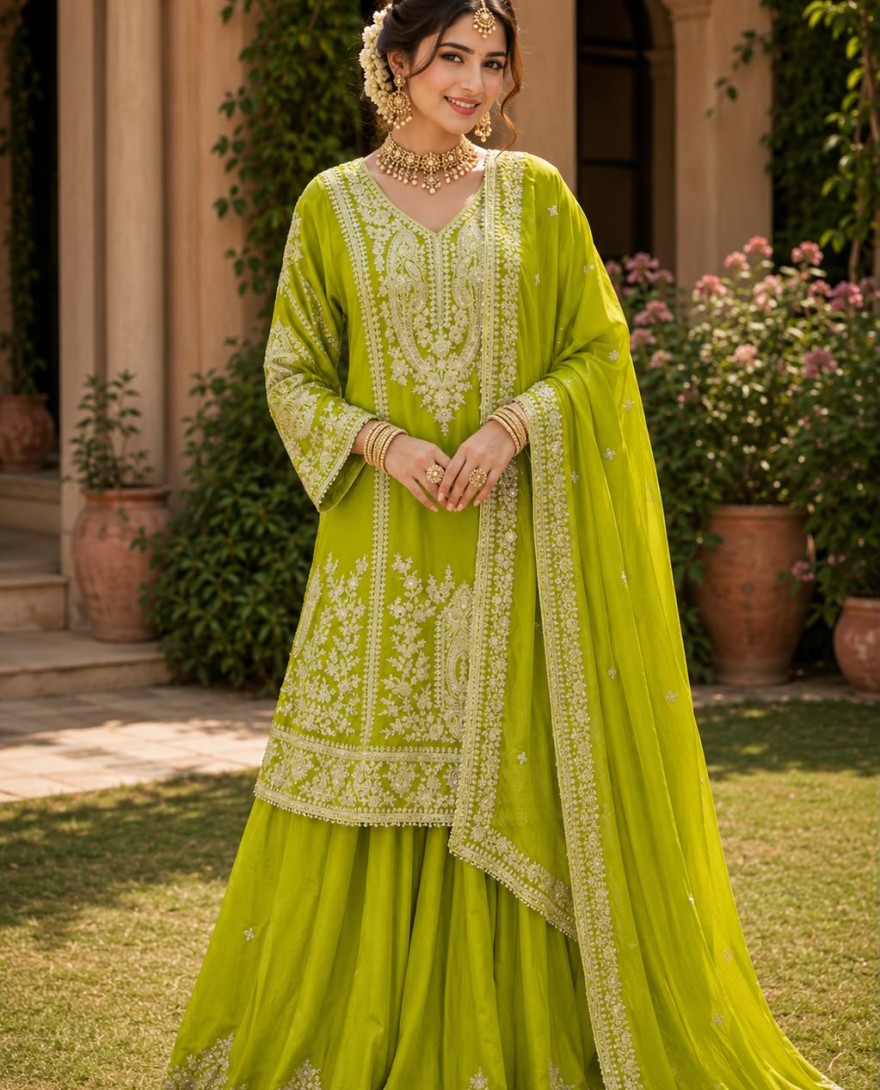 GREEN - Green Chinon Palazzo Salwar Suit with Embroidered and Thread Work